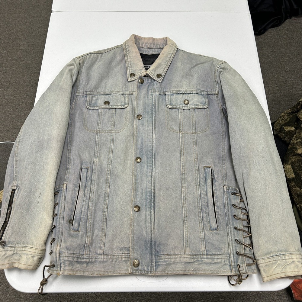 Diamond Plate Denim Jacket Mens L Side Lace Up Biker Trucker Moto Style